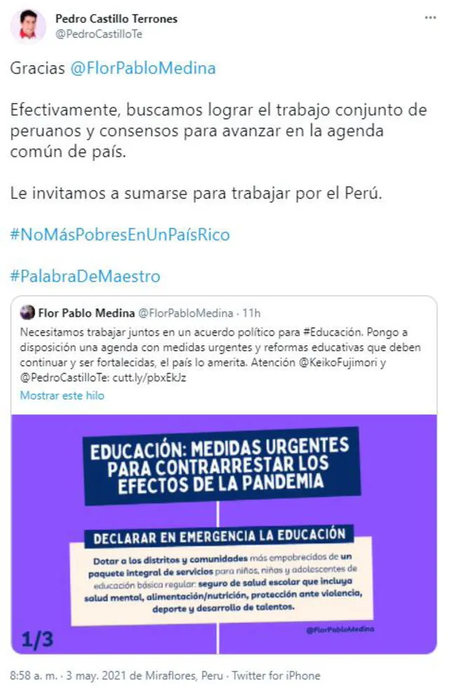 Pedro Castillo respondió a Flor Pablo Medina.