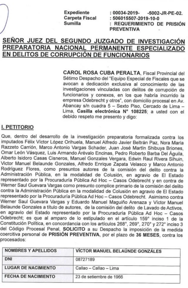 Requerimiento de prisión preventiva contra Belaúnde Gonzáles.