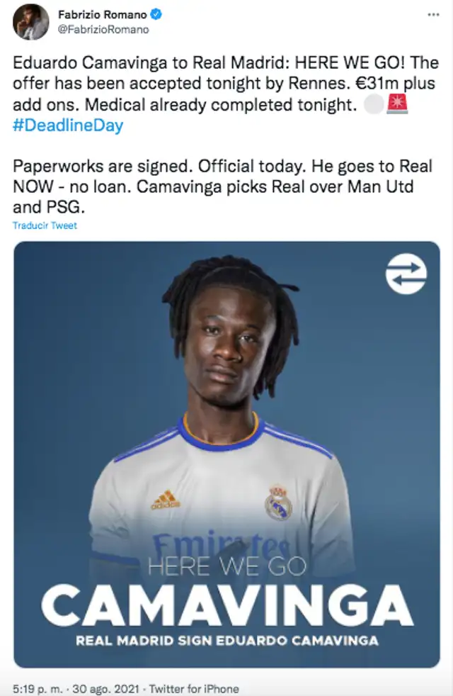 El periodista Fabrizio Romano confirma el fichaje de Camavinga por el Real Madrid. Foto: captura twitter Fabrizio Romano