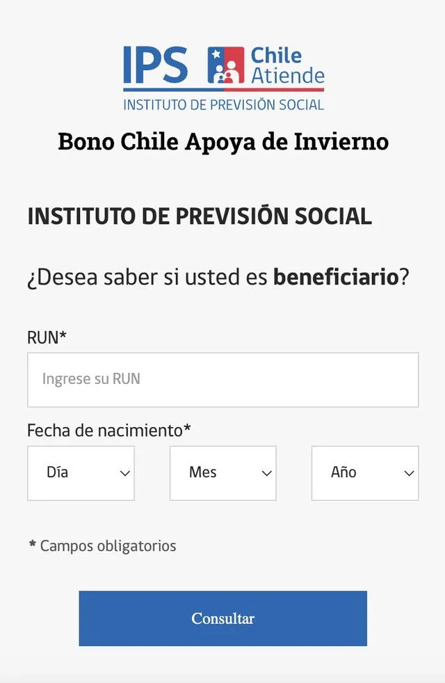 Formulario para consultar si eres beneficiario del Bono Chile Apoya de Invierno. Foto: Chile Atiende   