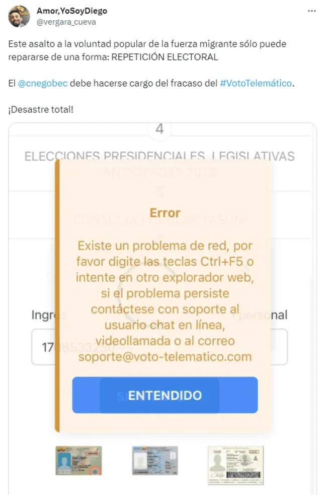 Algunos usuarios reportan que demoran más de una hora en registrar su voto. Foto: Cueva Vergara/Twitter