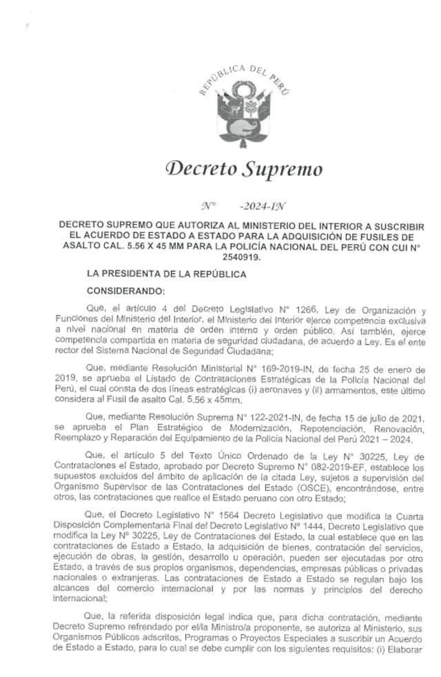 Este es el Decreto Supremo que firmará la presidenta Dina Boluarte y el ministro del Interior.   
