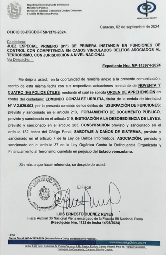 Esta solicitud se compartió luego de la tercera negativa de Edmundo a asistir a rendir cuentas sobre sus presuntos delitos a la Fiscalía. Foto: Ministerio Público de Venezuela