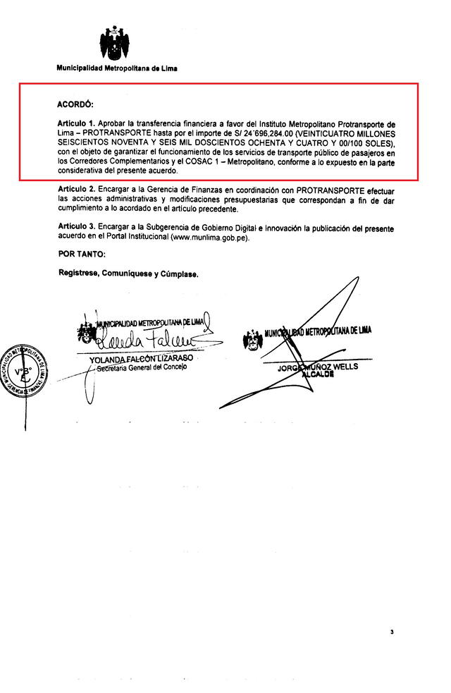 Acuerdo del Consejo de la Municipalidad de Lima para transferir el mismo monto a Protransporte.