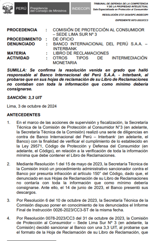  Resolución venida en grado que halló responsable al Banco Internacional del Perú S.A.A. - Interbank. Foto: Indecopi.   