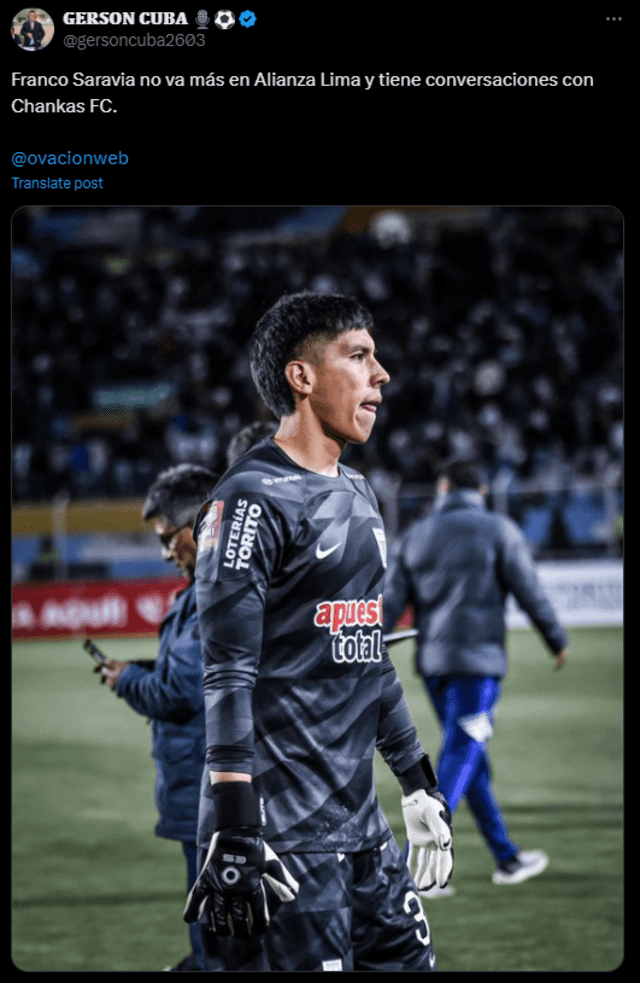  Franco Saravia dejará Alianza Lima para ir a Los Chankas, equipo que mantuvo la categoría en la Liga 1. Foto: captura    