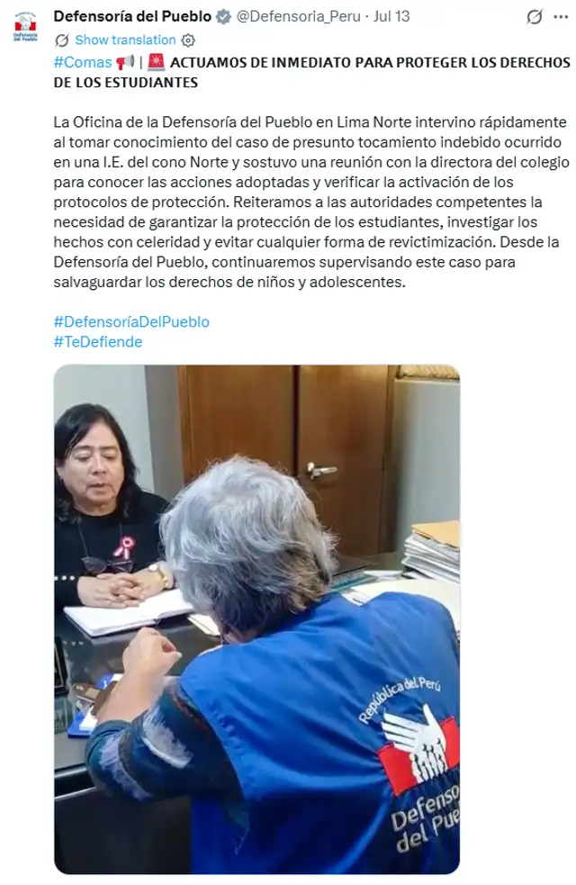 Defensoría del Pueblo, Comas, caso de denuncia a profesor por abuso sexual