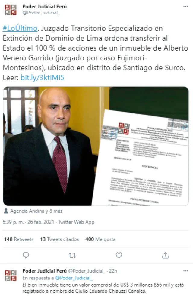 Tuit del Poder Judicial sobre caso de Alberto Venero