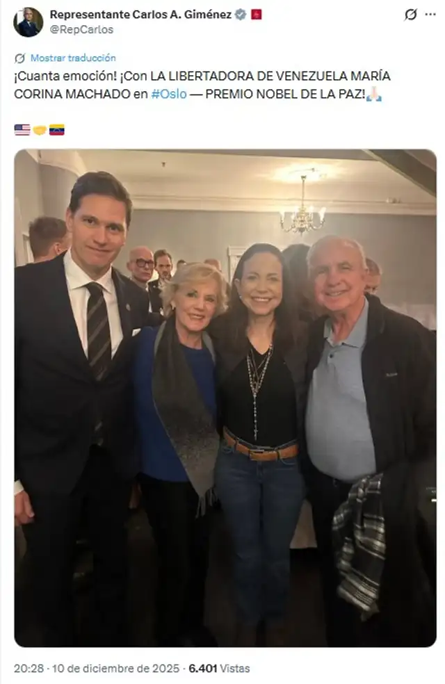 Primera foto del congresista de EE.UU. con Machado. Foto:@RepCarlos/X Primera foto del congresista de EE.UU. con Machado. Foto:@RepCarlos/X