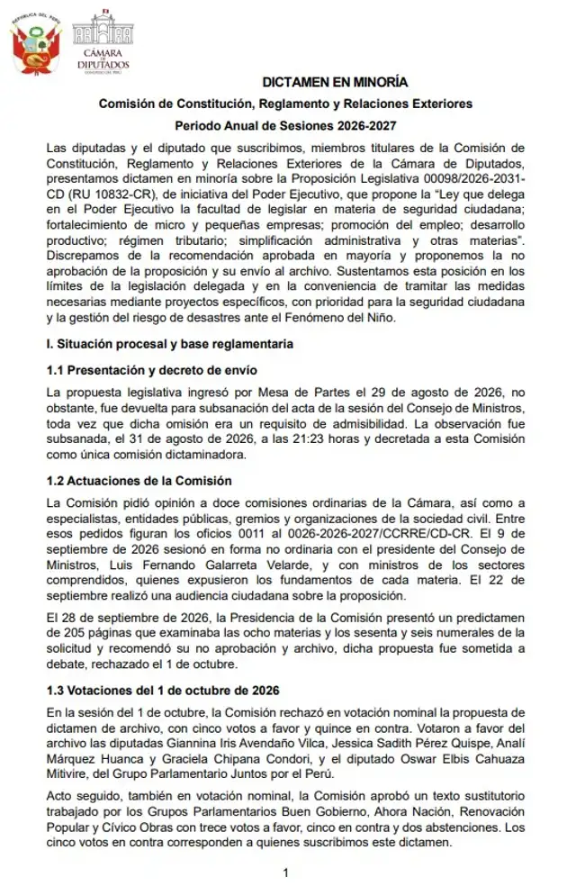 Dictamen en minoría de Juntos por el Perú que rechaza otorgar facultades al Ejecutivo. Dictamen en minoría de Juntos por el Perú que rechaza otorgar facultades al Ejecutivo.