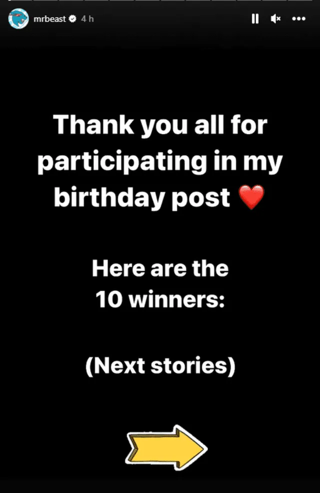 A través de Instagram, Mr. Beast anunció a los ganadores del sorteo. Foto: Captura de pantalla   