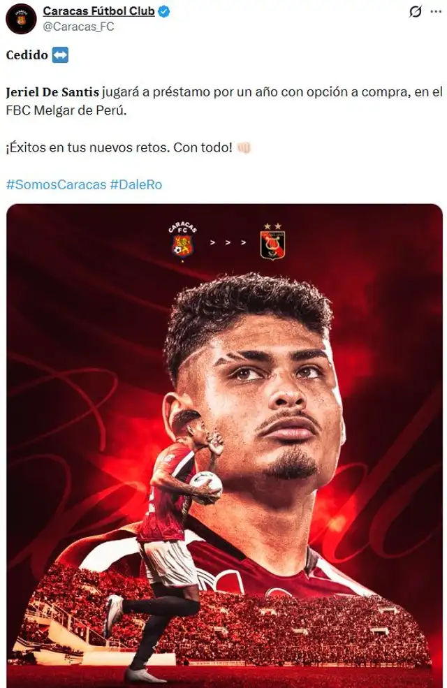 Caracas anuncia llegada de De Santis a Melgar. Foto: captura de X. Caracas anuncia llegada de De Santis a Melgar. Foto: captura de X.
