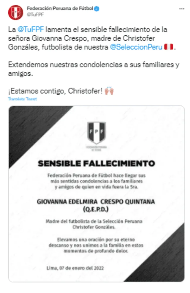 Comunicado con el anuncio del deceso de la mamá de Christofer Gonzáles. Foto: Twitter FPF