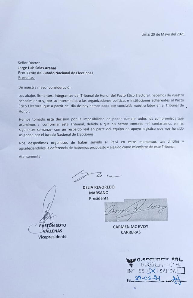 Carta de renuncia de miembros del Tribunal de Honor del Pacto Ético Electoral