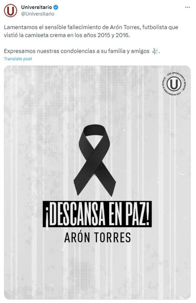 Publicación de Universitario sobre Arón Torres. <strong>Foto: Universitario</strong>   