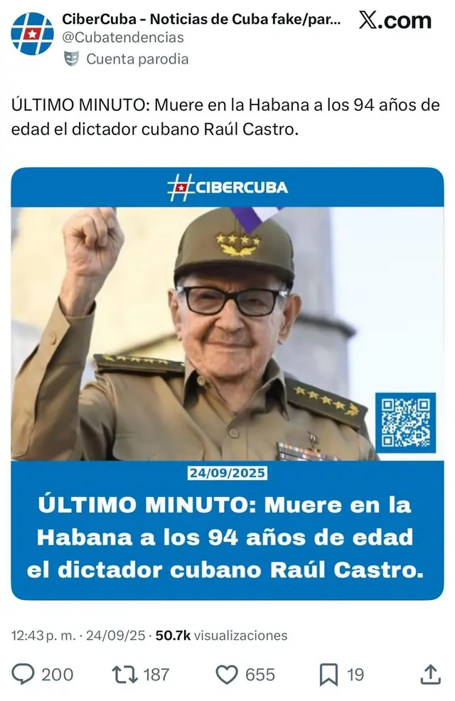  La cuenta de CiberCuba difundió la falsa noticia de Raúl Castro. Foto: @Cubatendencias<br>    
