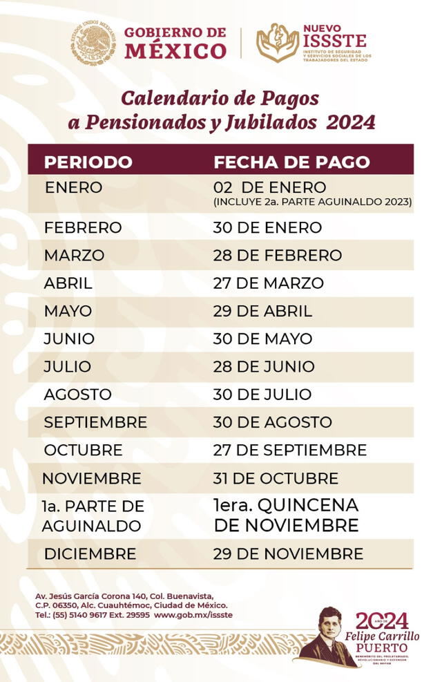 Calendario de pagos de la pensión del ISSSTE en 2024. Foto: ISSSTE   