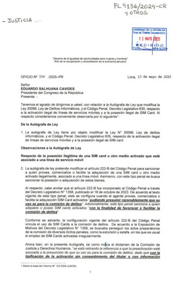 Oficio del Ejecutivo enviado al presidente del Congreso con el que observa la autógrafa. Oficio del Ejecutivo enviado al presidente del Congreso con el que observa la autógrafa.