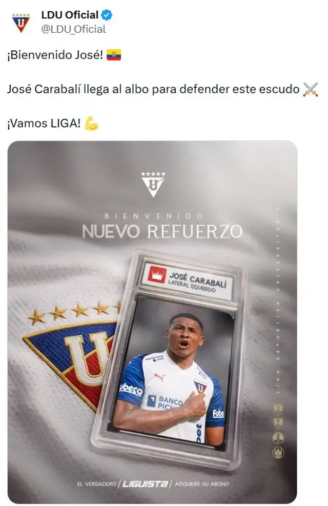 José Carabalí fue anunciado en LDU. Foto: LDU Quito  