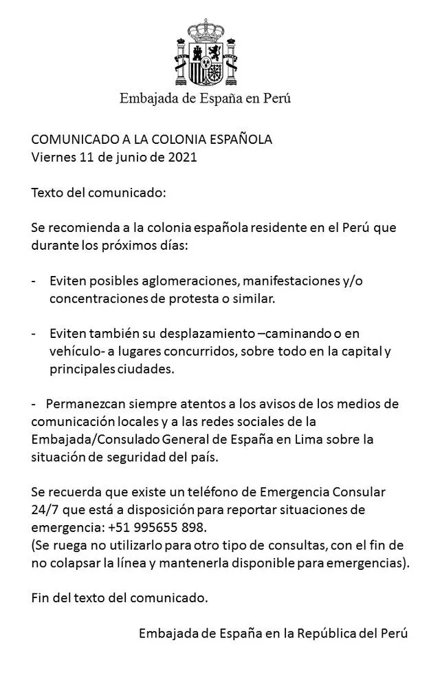 España llamó a su ciudadanía residente en Perú a evitar aglomeraciones. Foto: captura de Twitter/@EmbajadaEspPeru