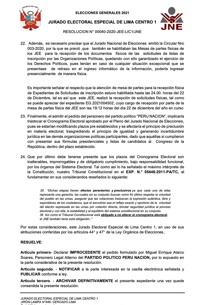 JEE declaró improcedente prórroga de inscripción de candidatos de Perú Nación. Foto: captura/Resolución 0040-2020-JEE-LIC1/JNE