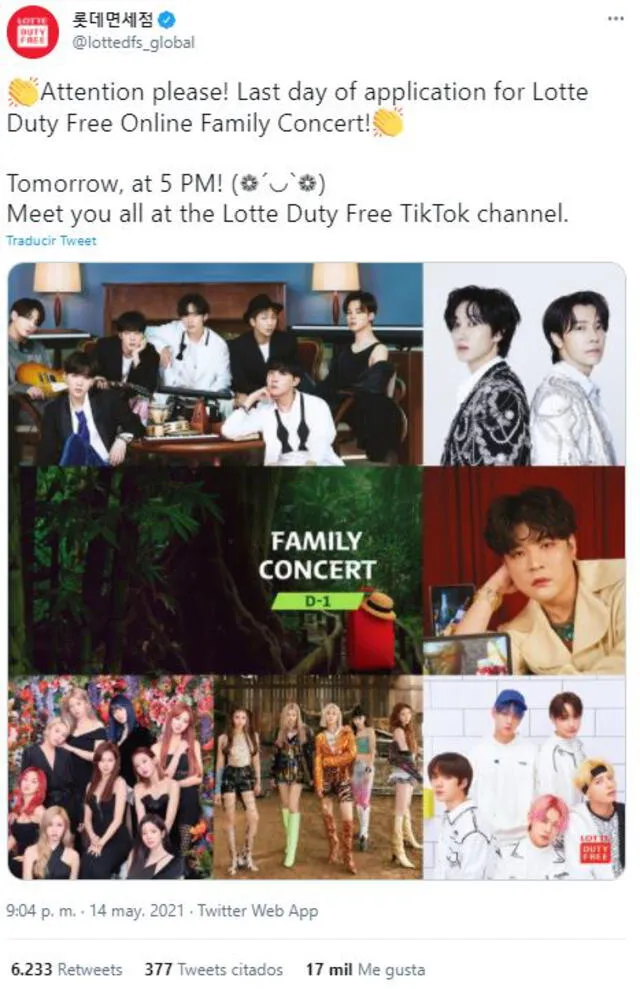 Cierre de registro para el concierto de Lotte Duty Free. Foto: Twitter