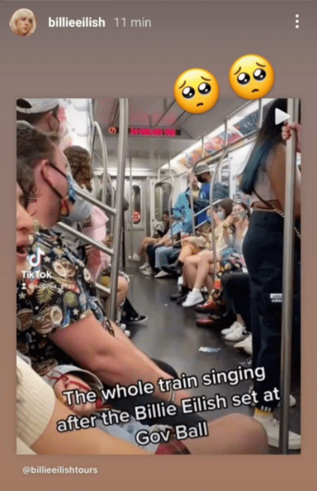 Billie Eilish ve a sus seguidores entonar una de sus canciones en el metro de Nueva York. Foto: captura de Instagram/Billie Eilish