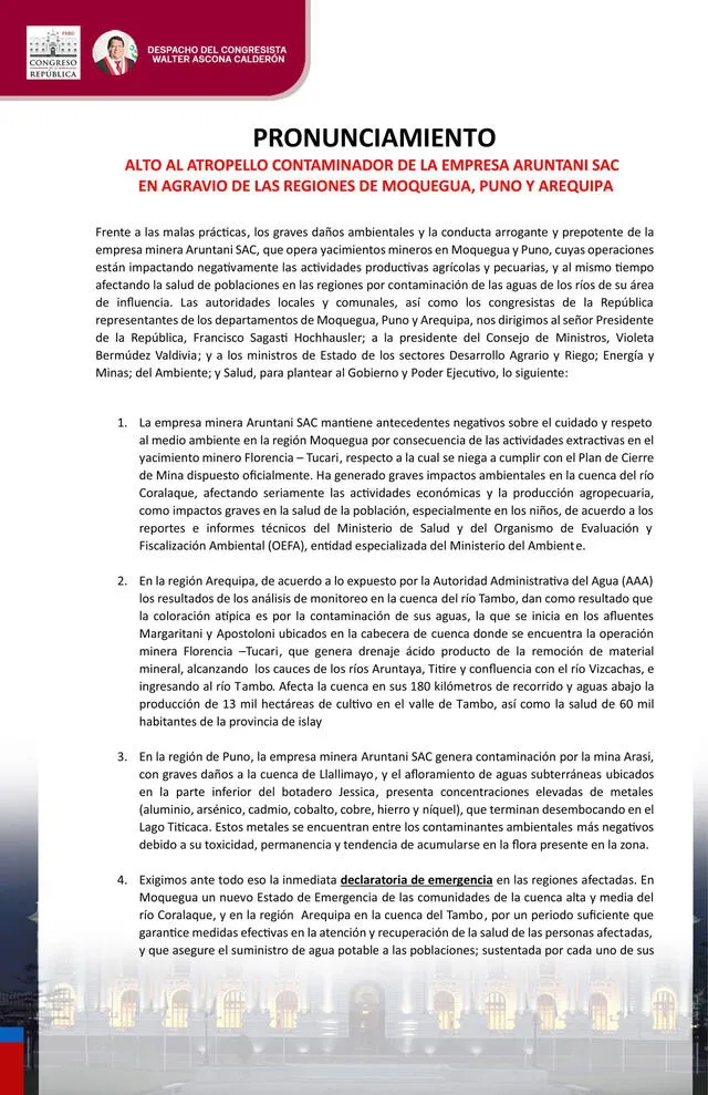 Autoridades del sur piden intervención del Ejecutivo contra minera Aruntani