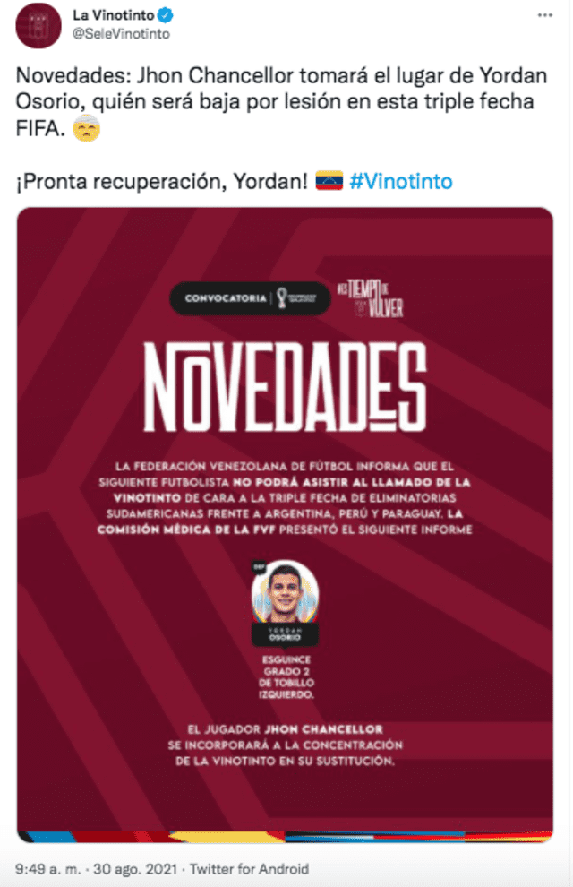 Yordan Osorio no estará con Venezuela debido a una lesión. Foto: FVF