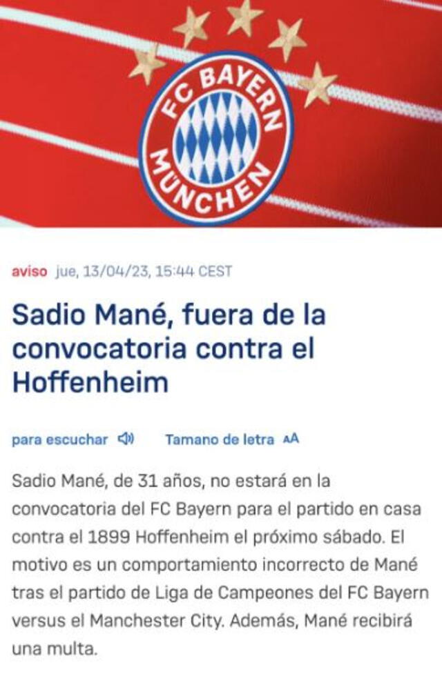  Comunicado del Bayern Múnich. Foto: captura 