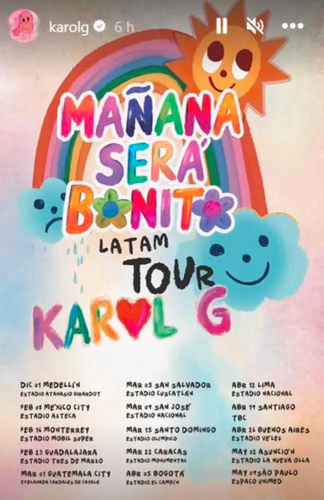Lista oficial del tour 'Mañana será bonito'. Foto: captura de Instagram/Karol G   