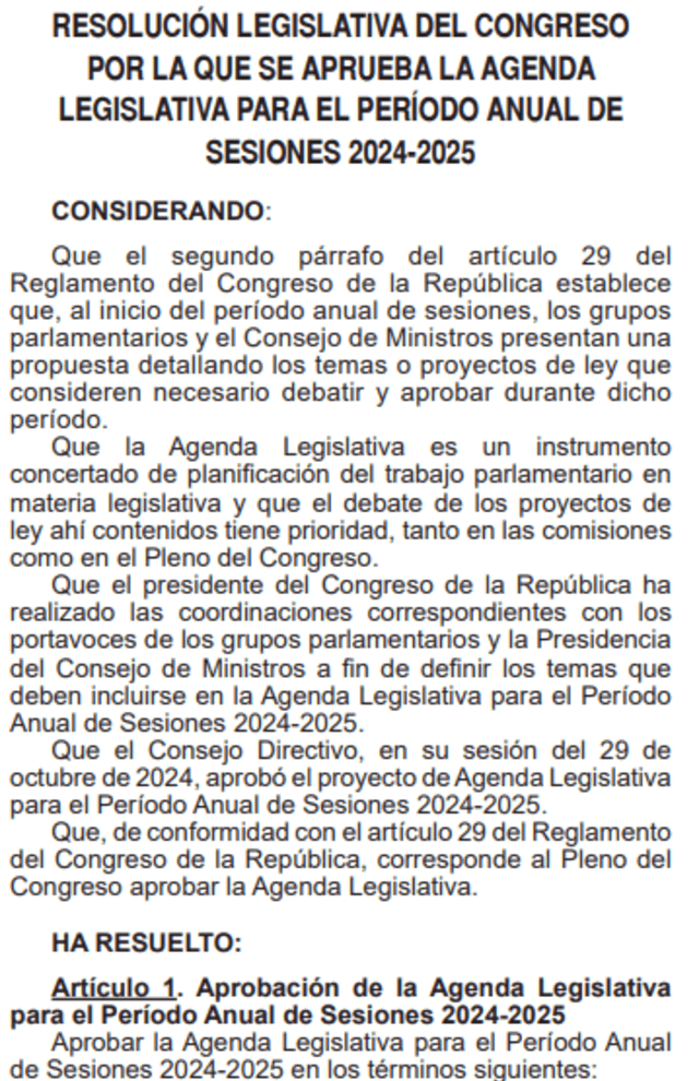  Según la resolución, la agenda del Congreso buscaría fortalecer la democracia y el Estado de derecho.| Foto: El Peruano.   