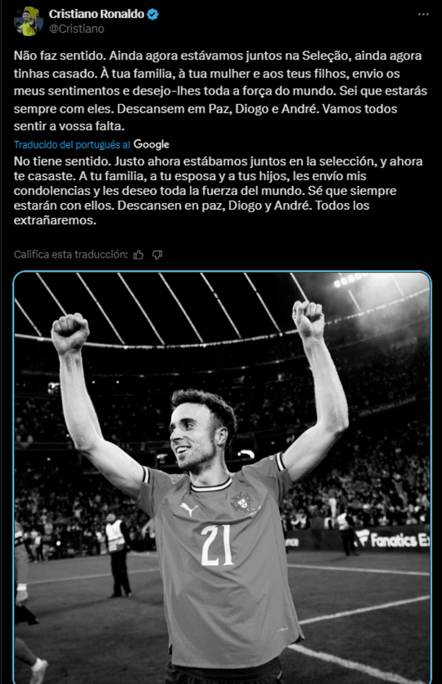 Mensaje de Cristiano Ronaldo tras la muerte de Diogo Jota. Foto: captura de Twitter. Mensaje de Cristiano Ronaldo tras la muerte de Diogo Jota. Foto: captura de Twitter.