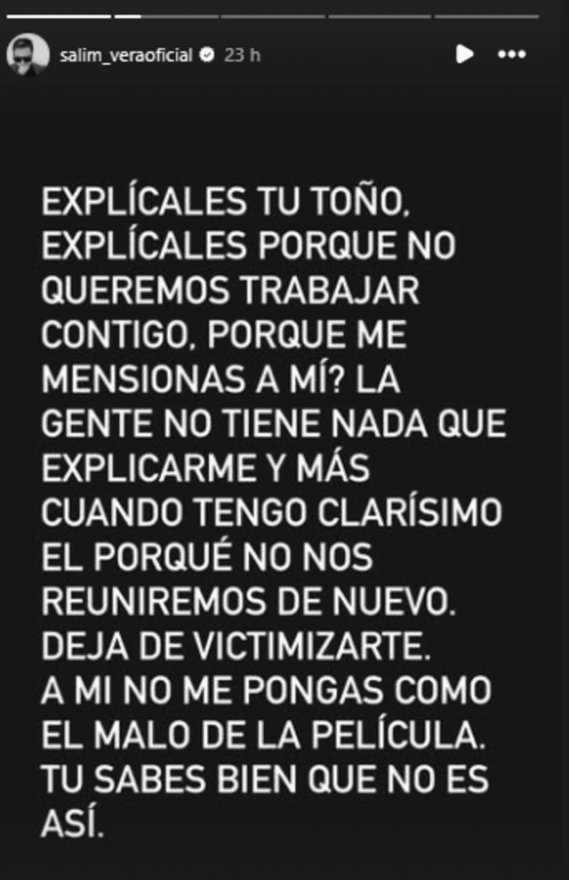 Mensaje de Salim Vera. Foto: Instagram    