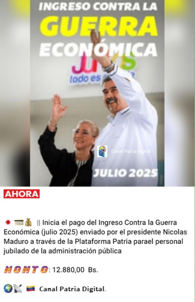 Anuncio del Bono de Guerra de julio 2025 para jubilados. Foto: Canal Patria Digital Anuncio del Bono de Guerra de julio 2025 para jubilados. Foto: Canal Patria Digital