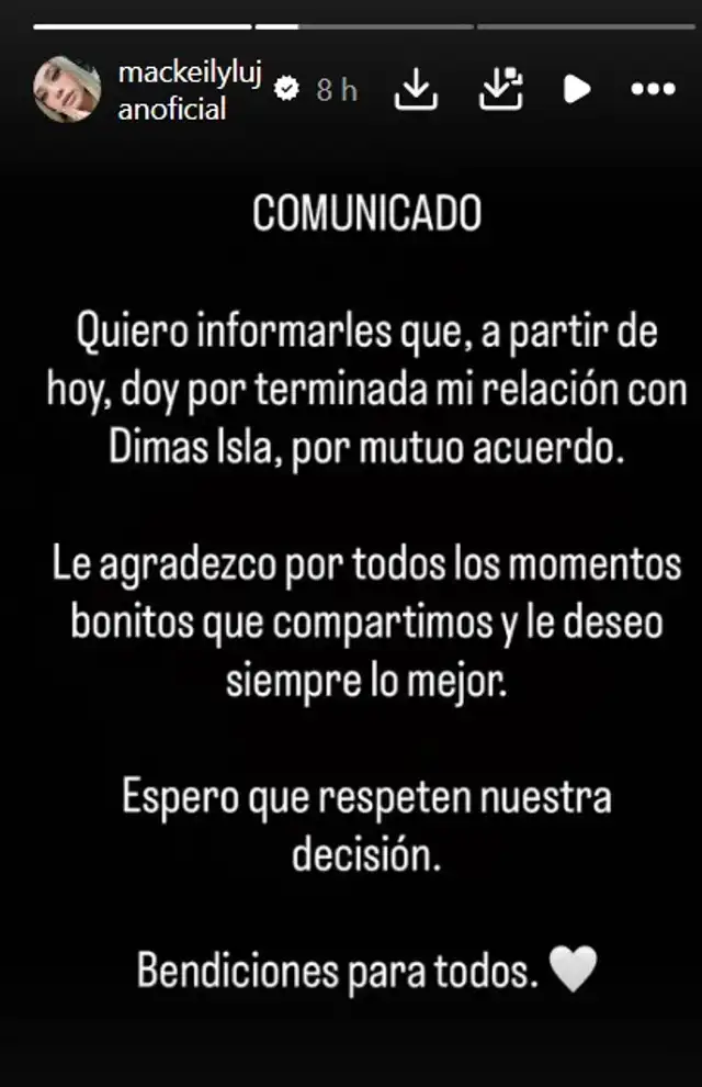 Comunicado de Mackeily Luján sobre el fin de su relación con Dimas Ysla. Comunicado de Mackeily Luján sobre el fin de su relación con Dimas Ysla.