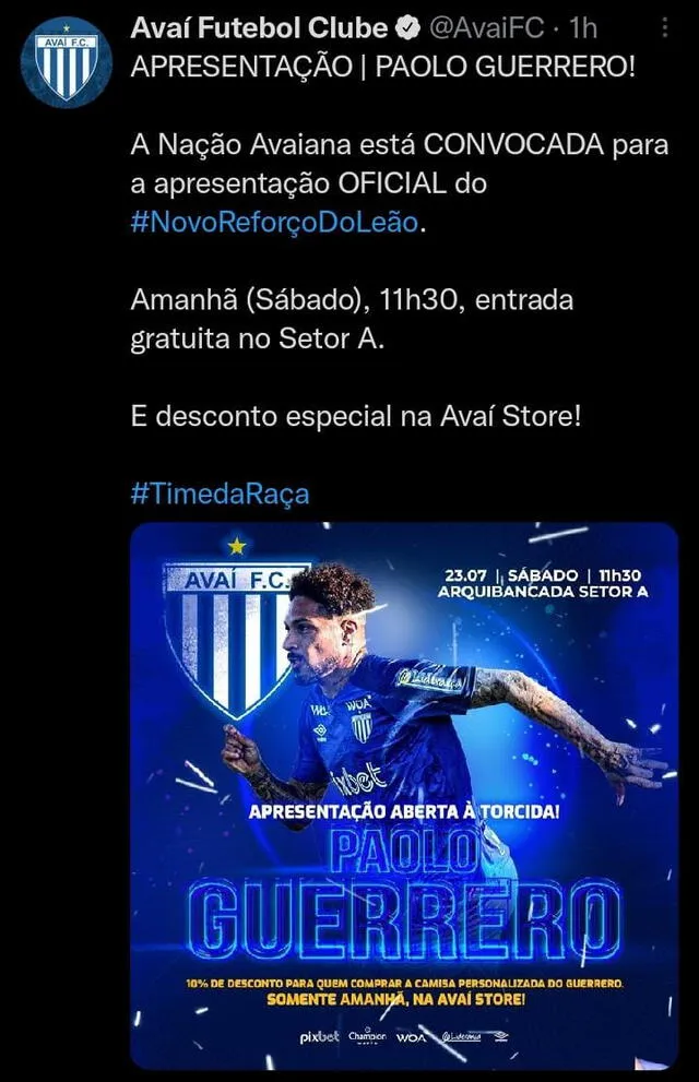 Publicación de Avaí FC. Foto: captura Twiter