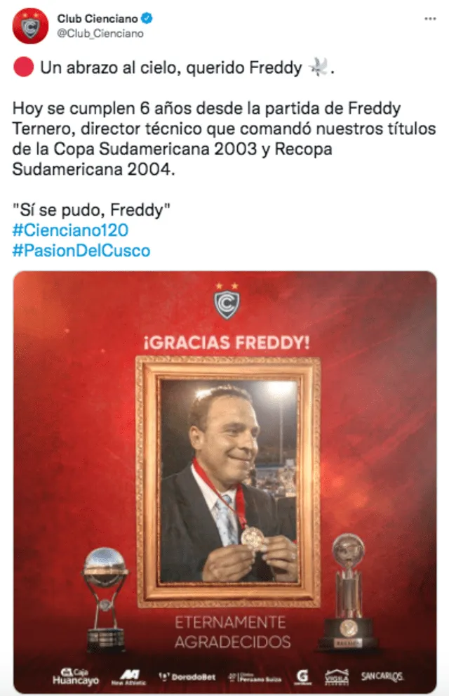 Freddy Ternero falleció el 18 de septiembre del 2015. Foto: captura twitter Cienciano
