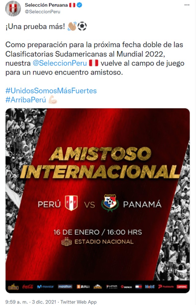 Perú jugará ante Panamá en el próximo mes de enero. Foto: captura Twitter