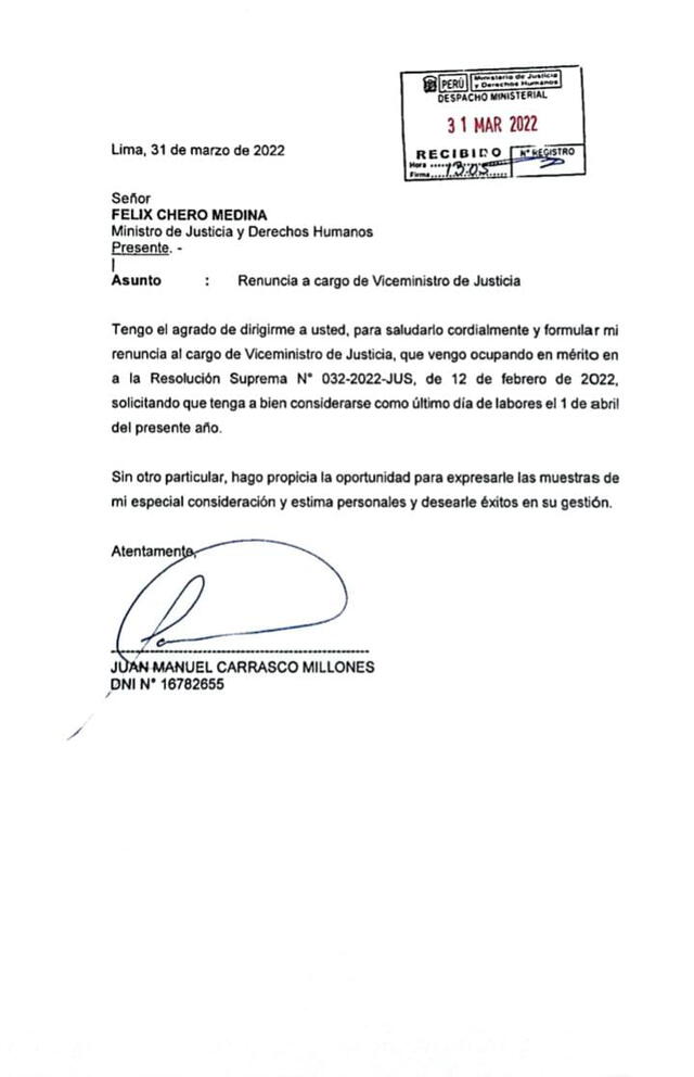Carta de renuncia de Juan Carrasco Millones