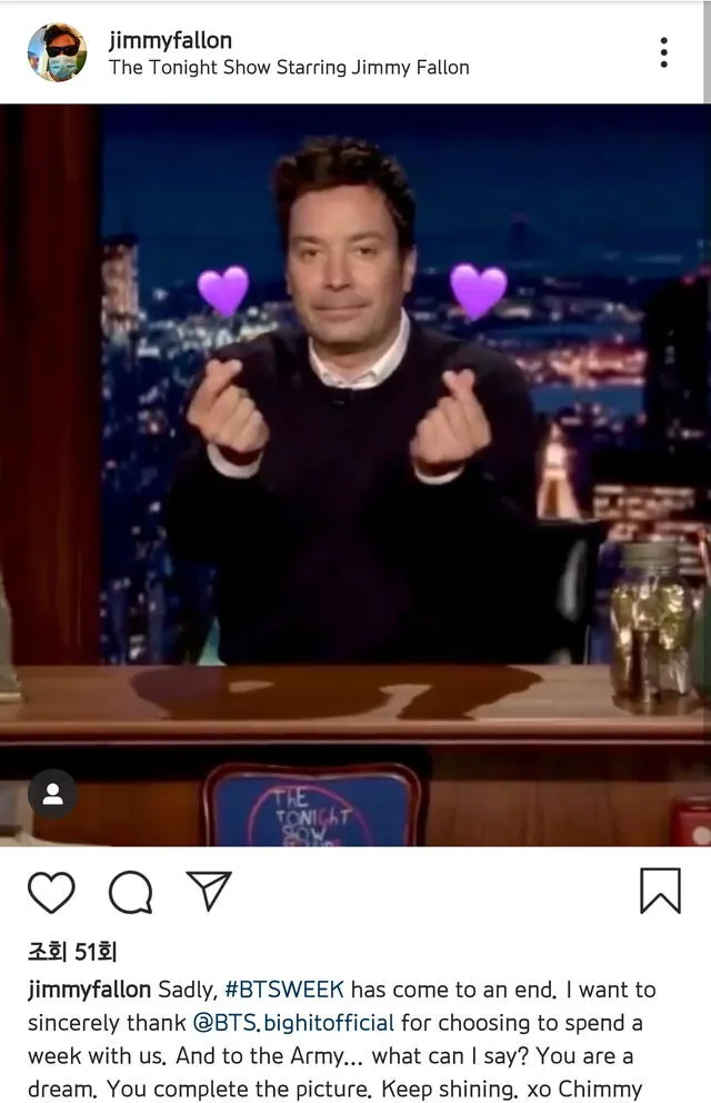 Jimmy Fallon agradece a ARMY. Foto: Instagram