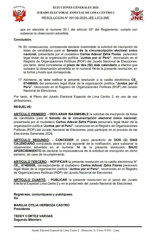  JEE Lima Centro 2 declaró inadmisible la solicitud de inscripción de listas de candidatos al Senado de Juntos por el Perú. Foto: difusión   