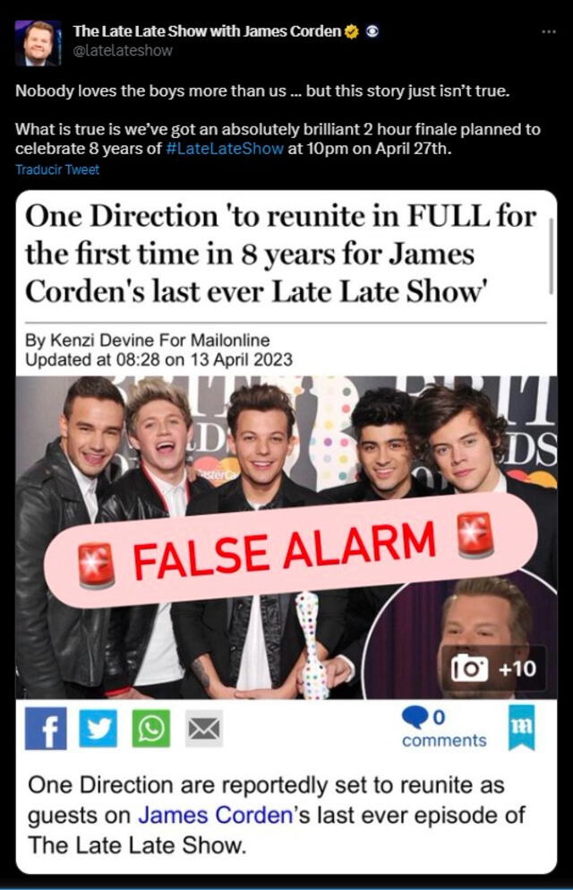 James Corden indicó que se trataba de una falsa alarma la noticia sobre el reencuentro de One Direction. Foto: Captura Twitter.   