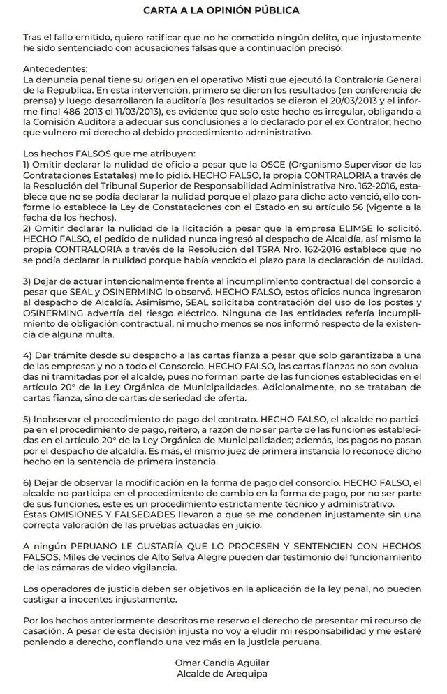 Arequipa. Carta de Omar Candía. Foto: LR