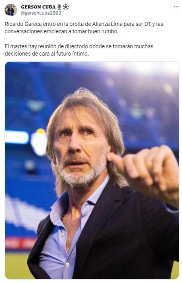 Tuit de Gerson Cuba sobre Alianza Lima y Ricardo Gareca. Foto: captura de X 