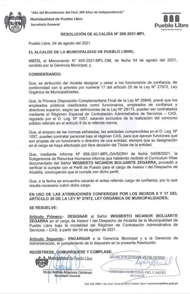  Resolución del contrato de Nicanor Boluarte en la municipalidad de Pueblo Libre. 