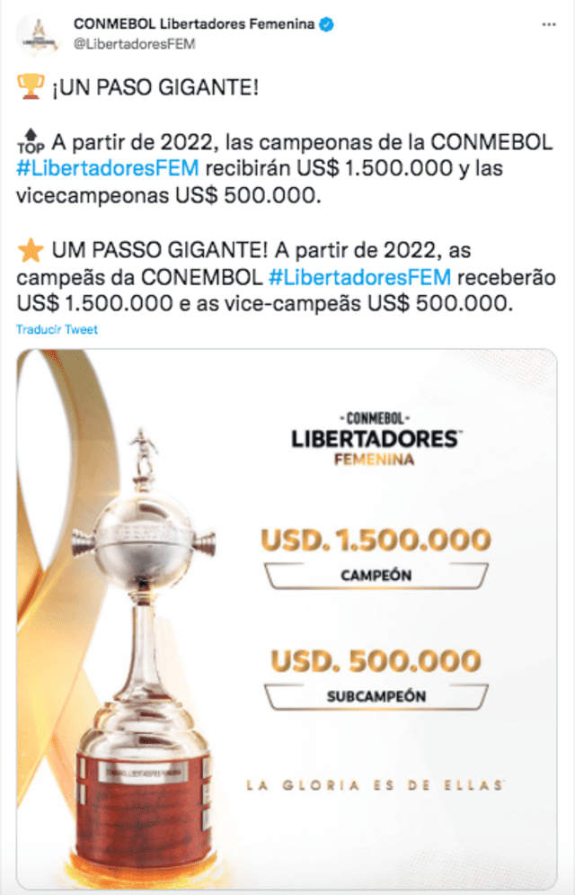 Conmebol anunció aumento en los premios de la Copa Libertadores Femenina. Foto: captura Twitter Conmebol Libertadores Femenina