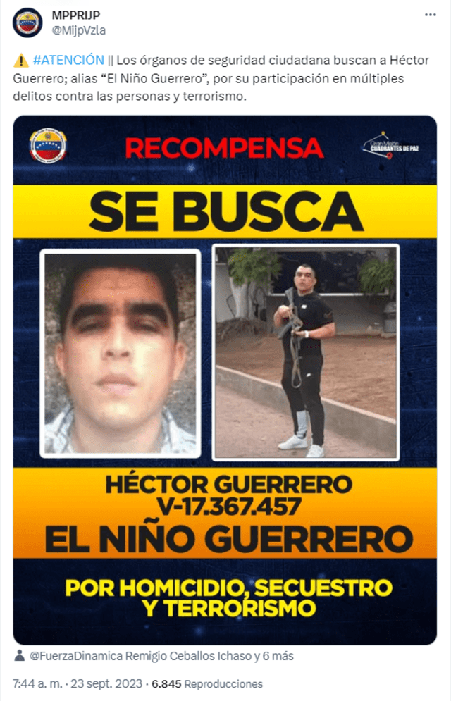  Hector Guerrero es buscado por homicidio, secuestro y terrorismo. Foto: @MijpVzla/Twitter    
