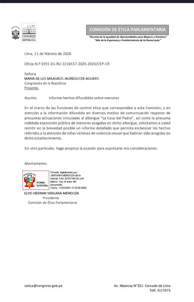  Comisión de Ética exige un informe detallado a Milagros Jáuregui por los hechos denunciados. 