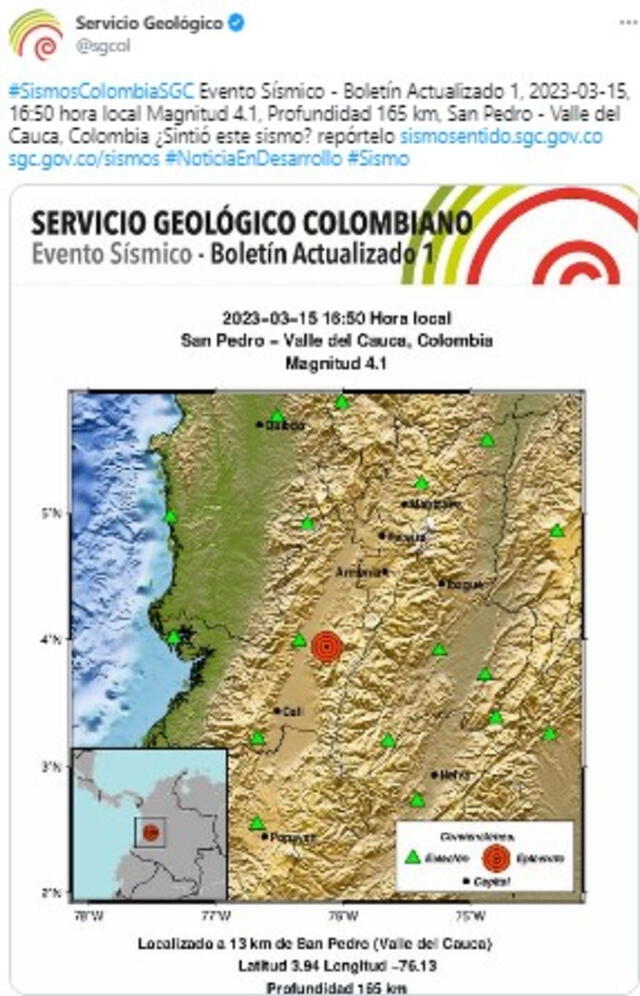  Sismo de 4.1 en Colombia. Foto: Twitter/ Servicio Geológico Colombiano (SGC)<br>   